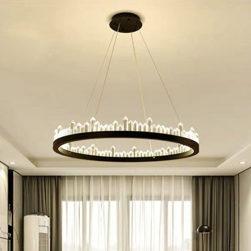 Clear Crystal Ring Chandelier Light Simplicity 3 Bulbs Black Pendant Light Fixture
