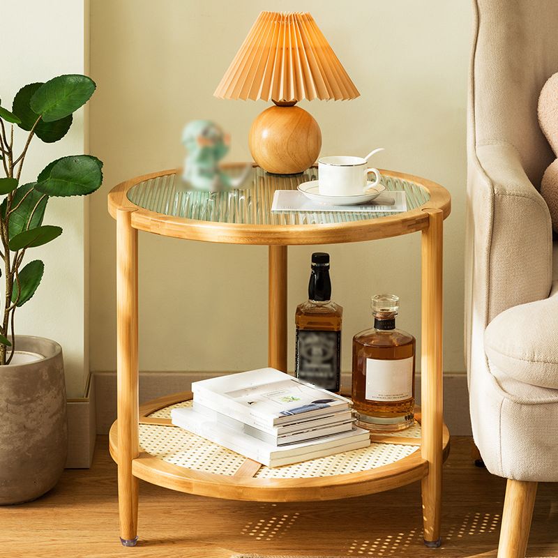 Asian Style Accent Side Table Wood and Glass with Storage and Shelf Corner Table