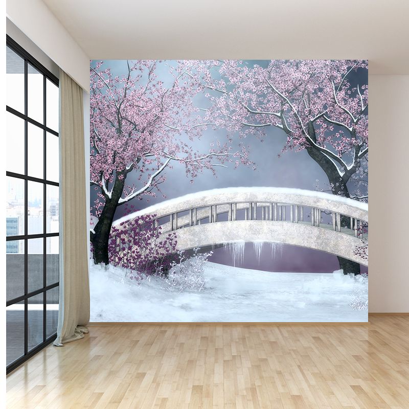 Stain-Proof Flower and Bridge Mural Non-Woven Texture Modern Wall Art for Guest Room