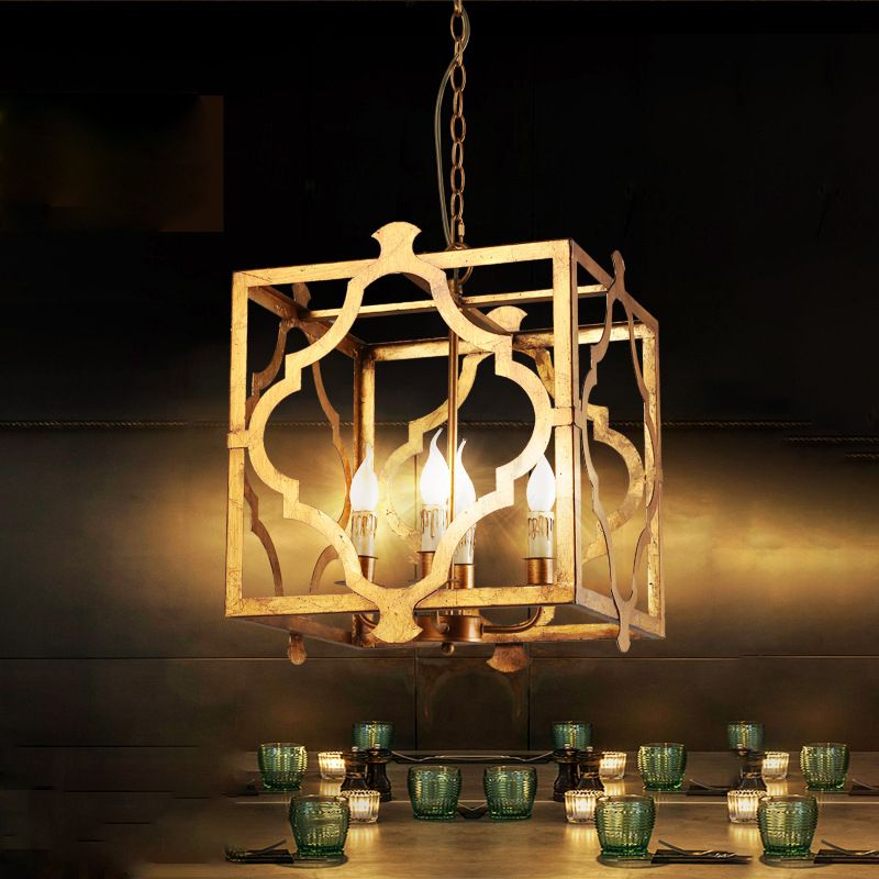 4-Light Chandelier Light Antique Restaurant Suspension Pendant with Quatrefoil Metal Cage in Gold