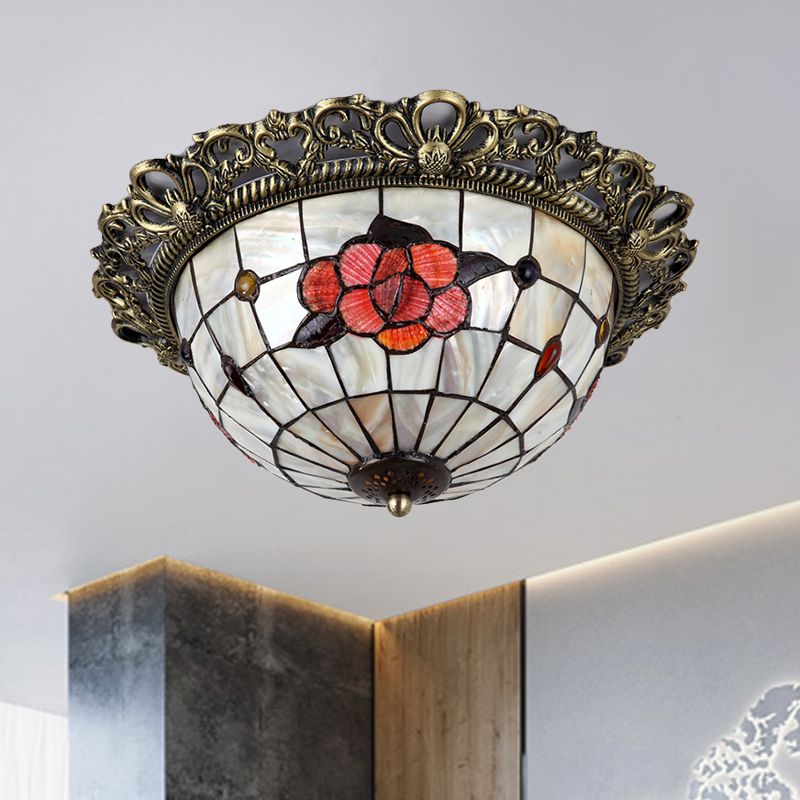 Gridded Hemispherical Ceiling Light 2-Bulb Natural Shell Baroque Flush Mount Lighting in Brass