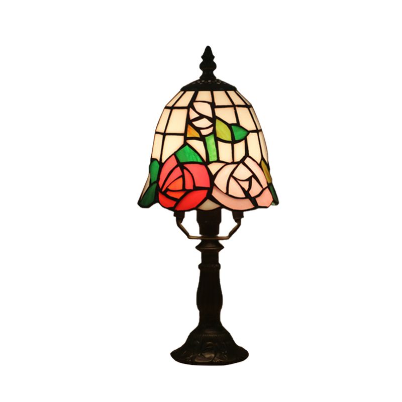 1 Bulb Night Lighting Baroque Bell Shade Stained Art Glass Table Light in Pink/Orange with Bloom Pattern for Bedside