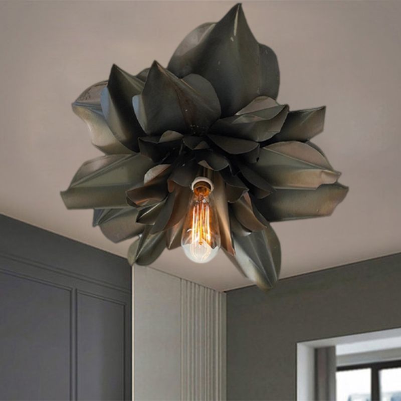 Magnolia Shape Bedroom Flush Mount Fixture Rural Metallic 1 Head Black Ceiling Flush