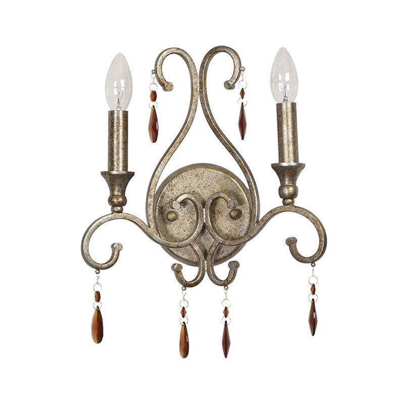 Cangue Masque Gamique Français Country Iron 2 Lumières Aged Silver Sconce Lightture avec K9 Crystal Deco
