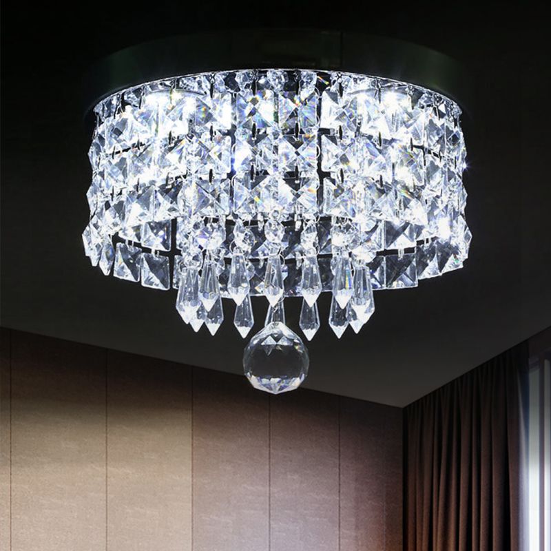 Drum Layered Flush Mount Light Crystal Glam Ceiling Light Fixture in Chrome
