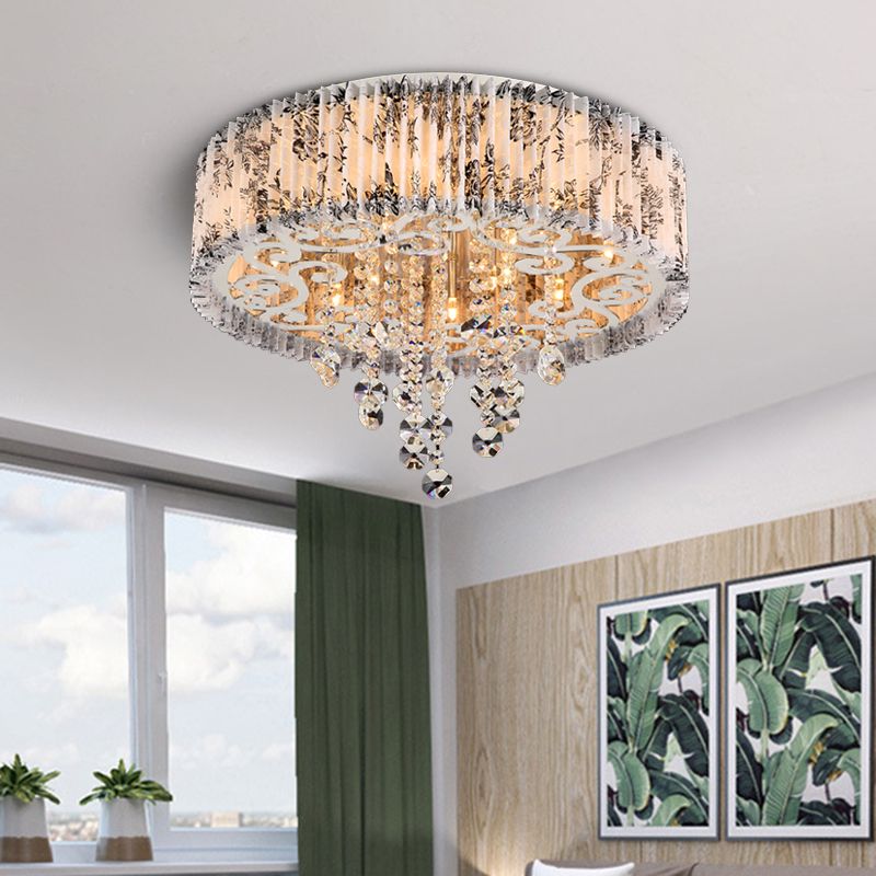 Modernist Circle Flush Ceiling Light 5 Bulbs Pleated Patterned Fabric Flushmount in White with Crystal Draping