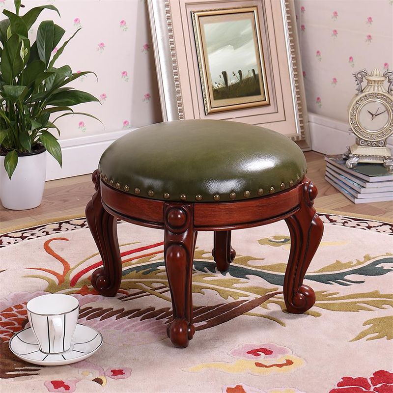 Mid-Century Modern Ottoman Genuine Leather Upholstered Nailhead Trim Round Ottoman