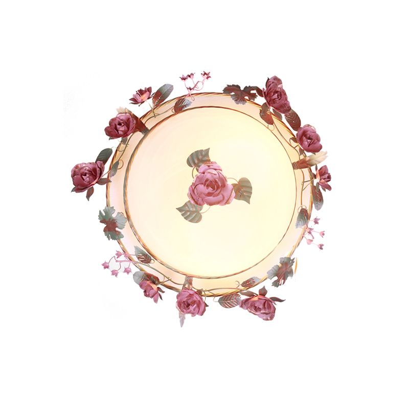 Bowl Dining Room Ceiling Lamp Countryside Metal 2/3/4 Bulbs White Flush Mount Light Fixture with Flower Decor