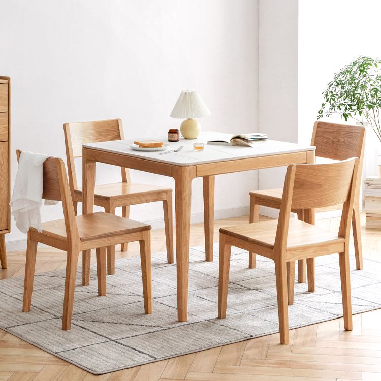 Modern Square White Stone Tabletop Dining Table with 4 Oak Legs