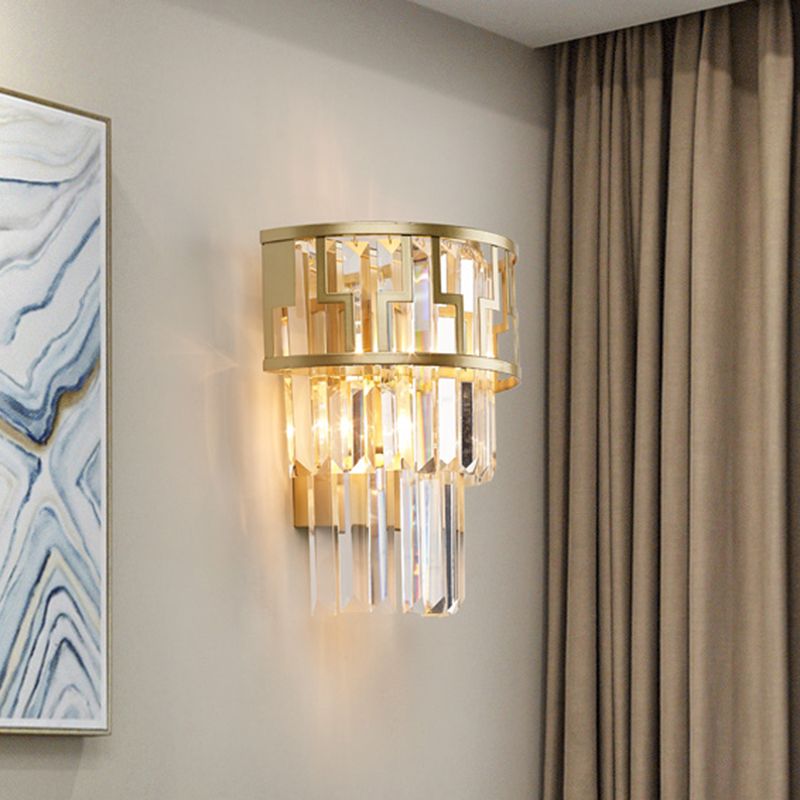 Tiered Bedside Flush Wall Sconce Rectangle-Cut Crystal 2 Lights Modern Wall Lamp in Gold