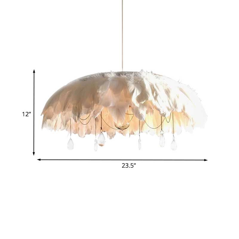 Tessuto di lampada sospesa con piuma contemporanea Ciondolo in bianco con caduta di cristallo