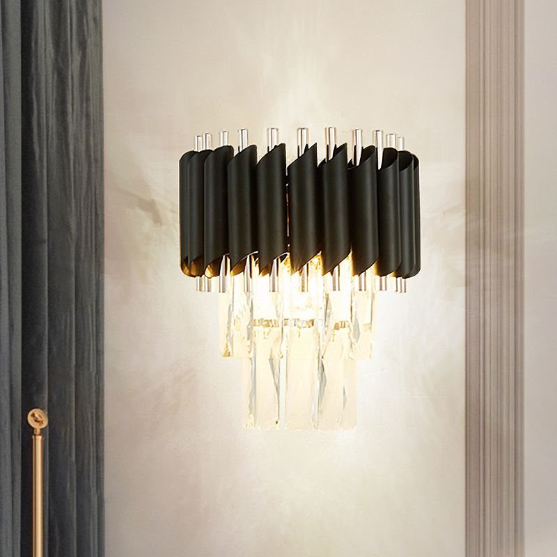 Contemporary Layered Wall Lighting 2-Light Clear K9 Crystal Wall Sconce Light Fixture in Black