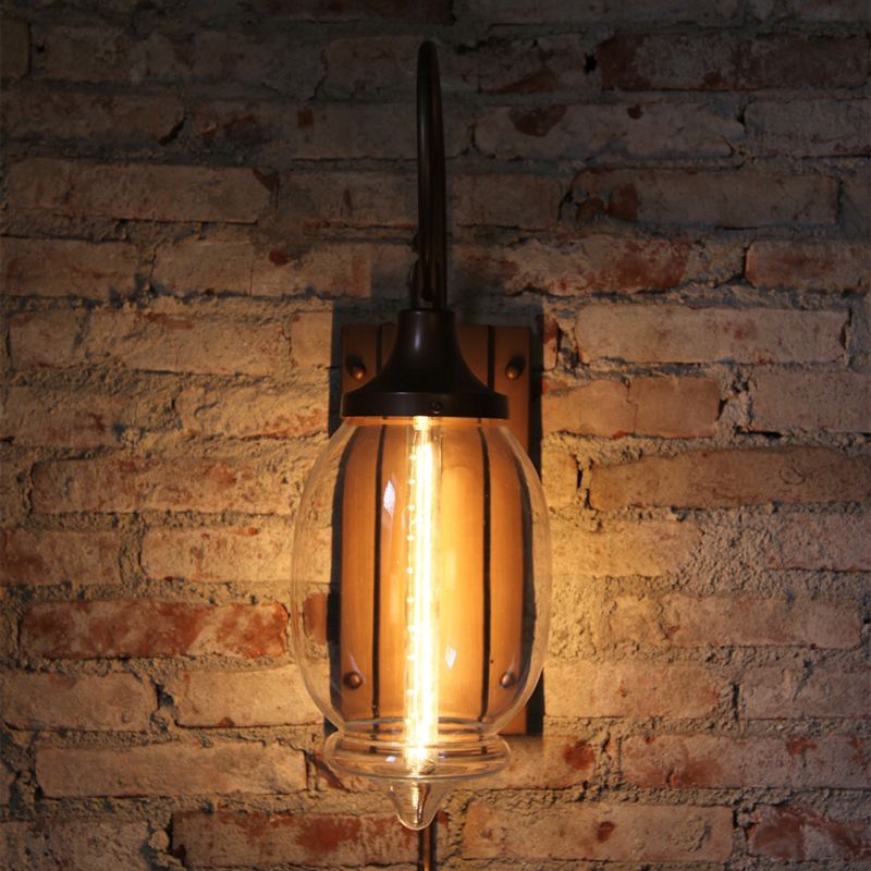 Glass Brown Wall Lamp in Industrial Retro Style Wrought Iron Drum Wall Light for Porch