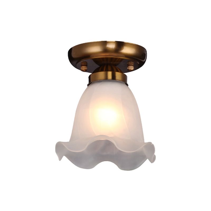 1 Bulb Frosted White Glass Flush Light Rustic Floral Bedroom Ceiling Mount Light Fixture