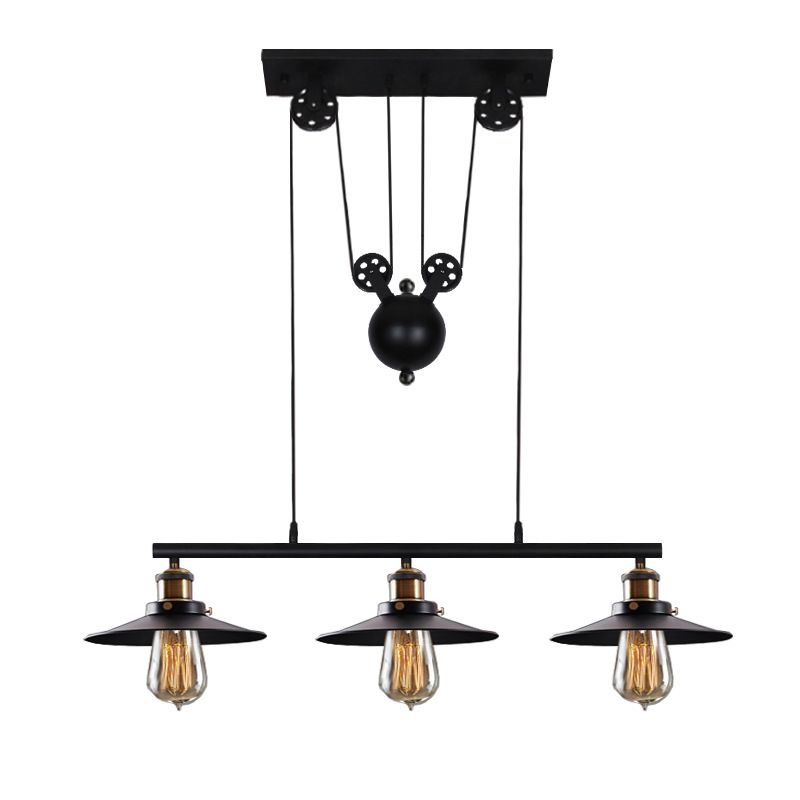 Black 3-Light Pulley Island Pendant Light in Industrial Retro Style Wrought Iron Hanging Lamp for Dining Room