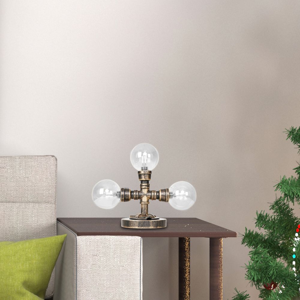 Lampada da scrivania industriale con paralume rotondo Illuminazione da lavoro in vetro trasparente/ambrato a 2/3 lampadine in argento antico/bronzo con base