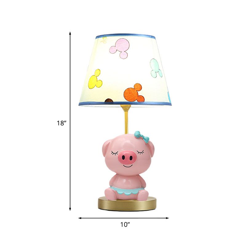 Print Fabric Tapered Table Lamp Cartoon 1-Light Blue/Pink Nightstand Light with Pig Pedestal