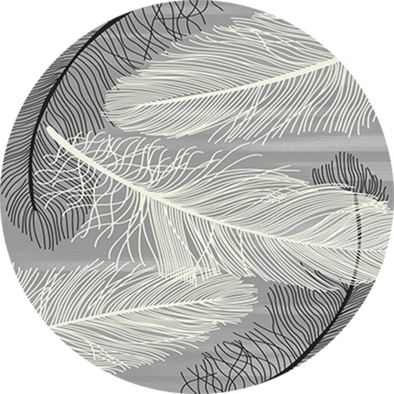 Round Multicolor Modern Area Rug Polyester Feather Print Rug Easy Care Indoor Rug for Living Room
