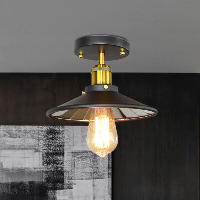 Metal Wide Flare Semi Flush Lighting Industrial 1-Light Study Room Close to Ceiling Lamp in Black