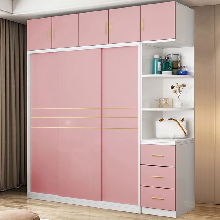 Pink Hanging Clothes Rack Wooden Wardrobe Armoire with Lower Storage Drawers