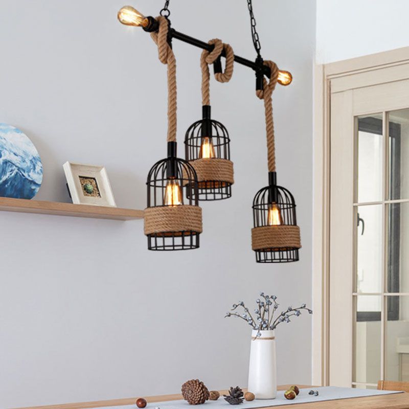 Hemp Rope Birdcage Pendant Lighting Rustic 5-Bulb Dining Room Island Light