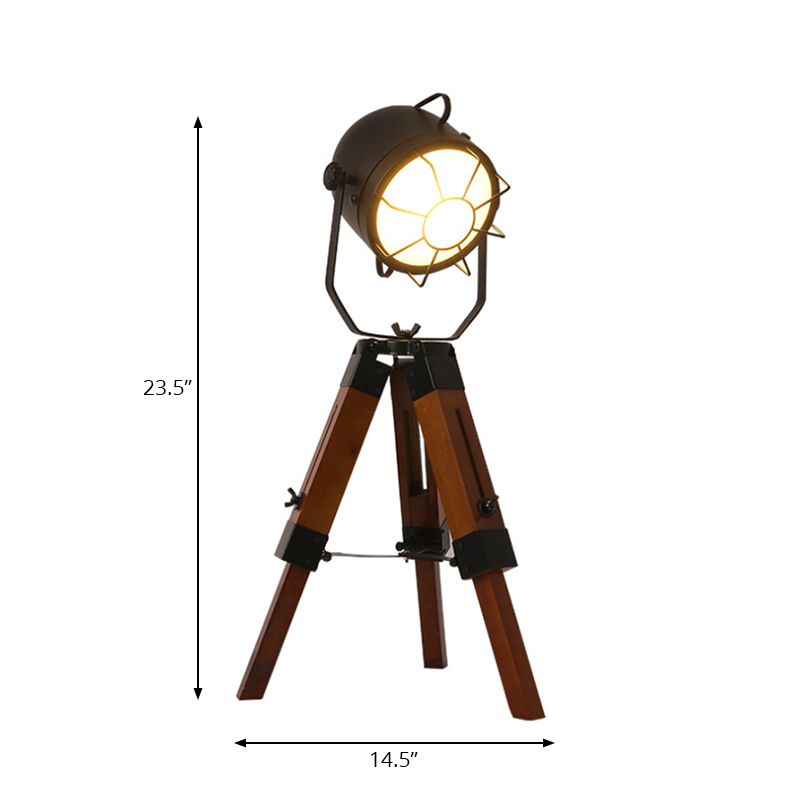 Lampada da scrivania industriale Loft con paralume a campana con treppiede 1 testa Lampada da tavolo piccola in metallo e legno in marrone