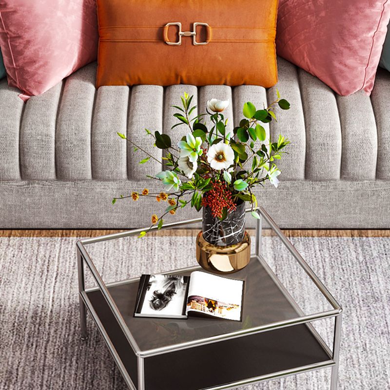 Modern 4 Legs Coffee Table Square Cocktail Table in Brown/Transparent