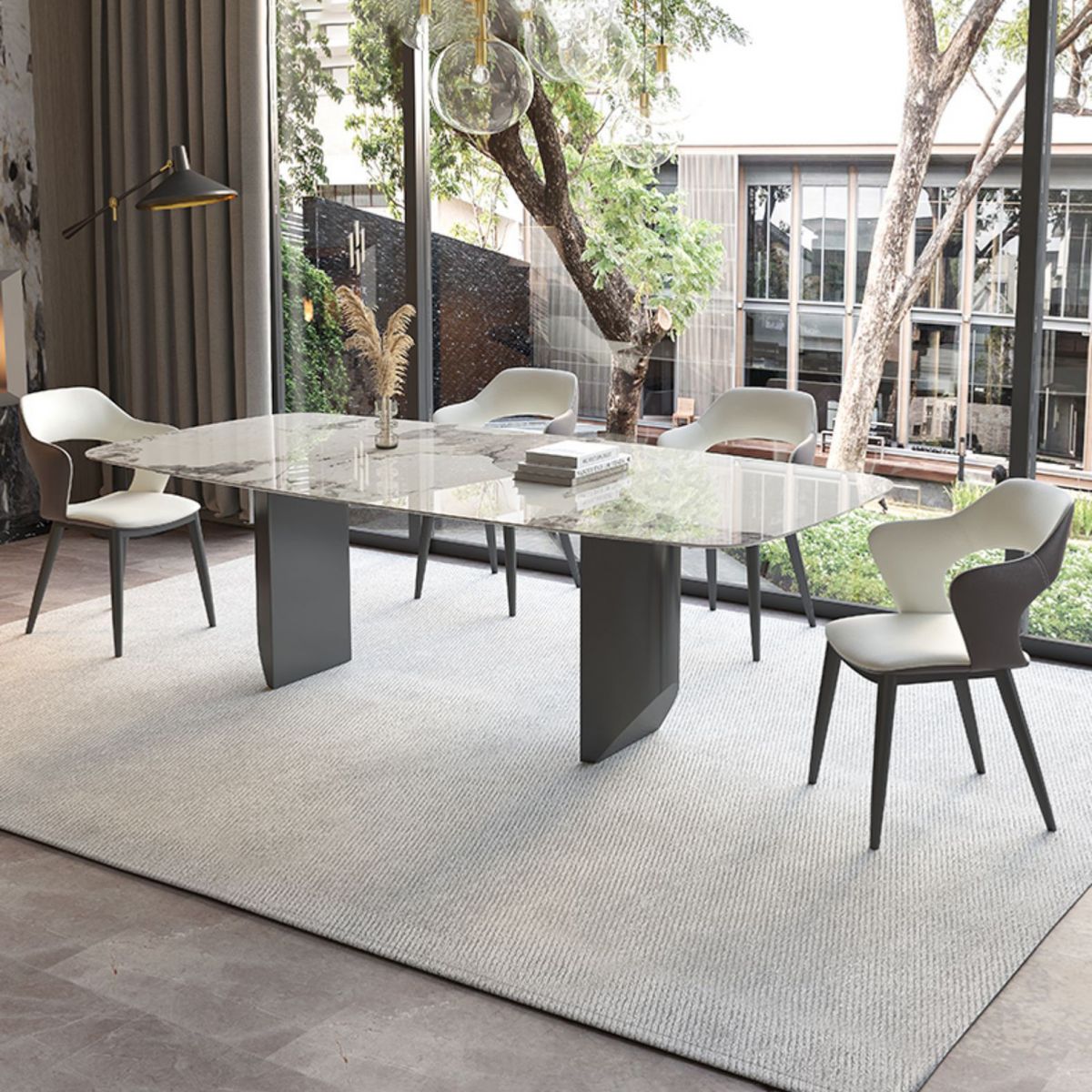 Mesa de comedor con tapa de piedra sinterizada, mesa rectangular con pedestal doble negro