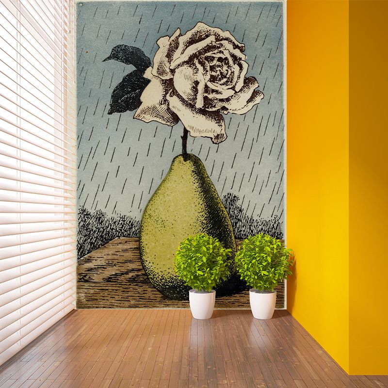 Giant Surrealist Wall Paper Murals Grey-Yellow Pear Vase with Blossom Rose Wall Covering, Size Optional