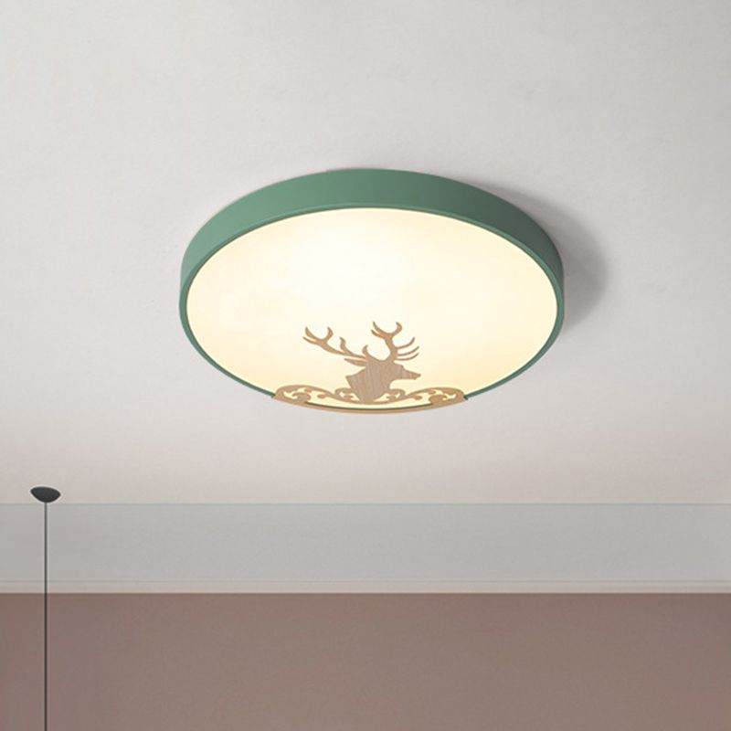 Round Ceiling Light Fixture Modern Acrylic Green LED Flush Mount Ceiling Light with Deer Pattern