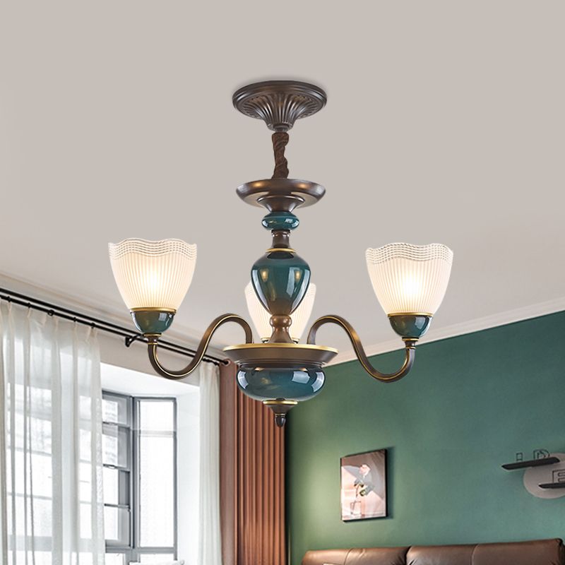 Bowl Frosted Prismatic Glass Hanging Lamp Country 3/6 Lights Bedroom Chandelier Light in Black with Curving Arm