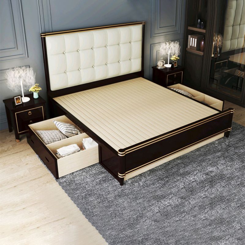 Modern Standard Bed with Tufted Upholstered Headboard and Soild Wood Legs