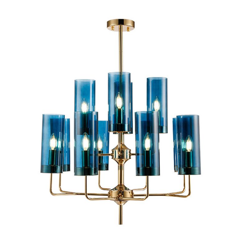 Post-Modern Metal Hanging Chandelier Light Cylindrical Glass Shade  Ceiling Chandelier in Gold for Living Room
