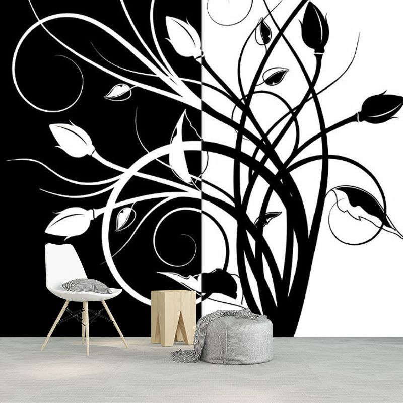 Swirled Flower Buds Mural Wallpaper Black-White Minimalistic Wall Art for Bedroom