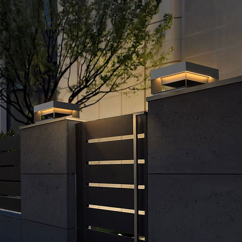 Contemporary Metal Pillar Lamp Square Shape Outdoor Waterproof Light in Black