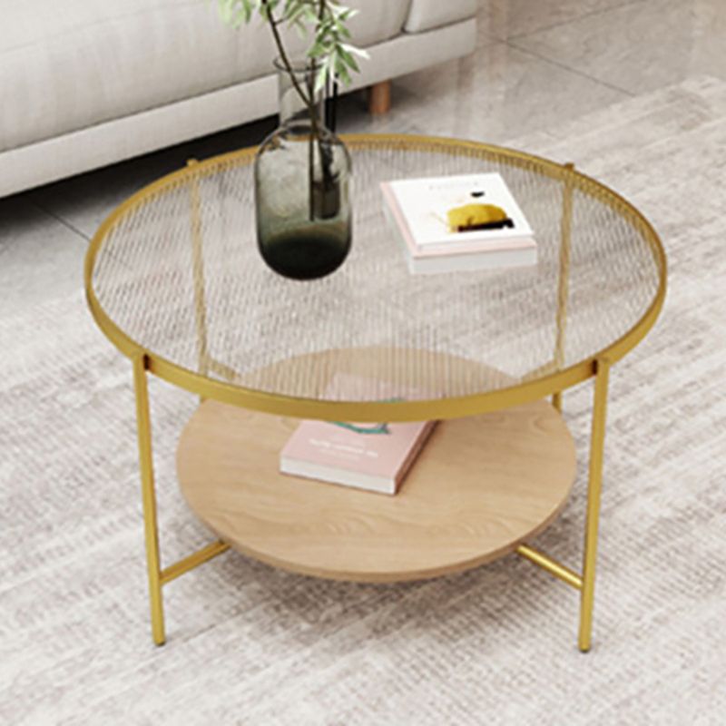 17.7" H Modern Round Glass Coffee Table Steel 4 Legs Cocktail Table with Shelf
