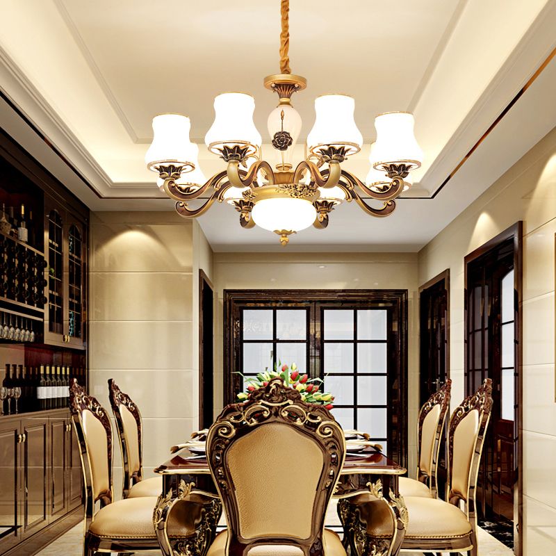White Glass Flared Chandelier Vintage Dining Room Suspended Lighting Fixture in Brass
