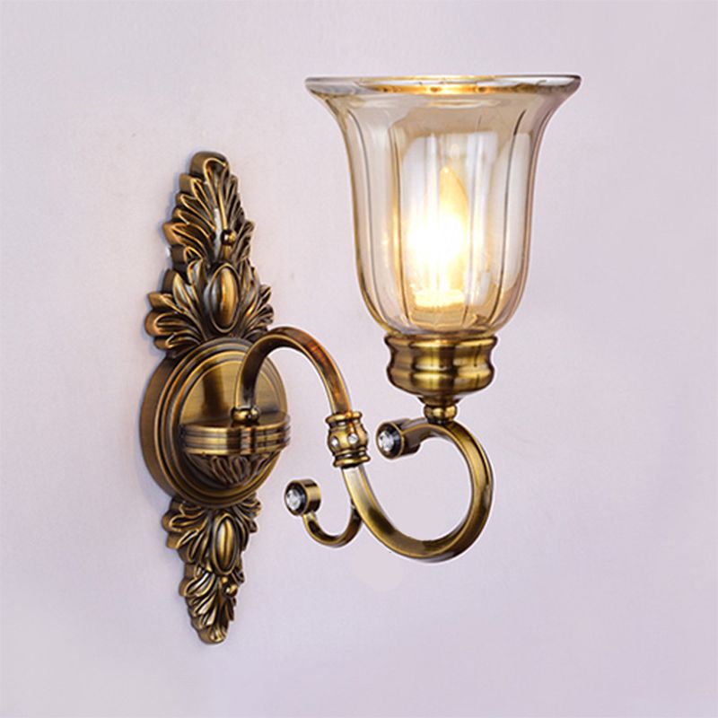 1/2-Light Clear Glass Wall Light Traditional Bronze Bell Shade Dining Room Sconce Light with Curvy Arm