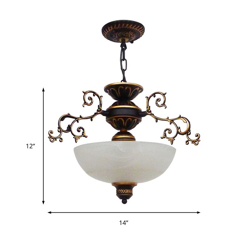 Yellow/White Glass Bowl Hanging Chandelier Traditional LED Living Room Pendant Light