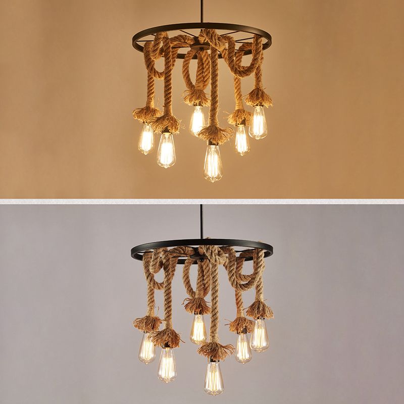 Lámpara de araña colgante negro de estilo retro de la rueda de la cuerda del lámpara de iluminación de la lámpara