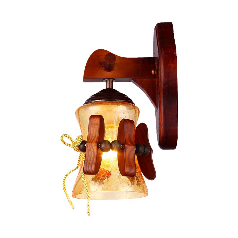 Brown 1 Bulb Wall Mount Light Rural Yellow Water Glass Flared Wall Sconce Lighting with Wood Backplate