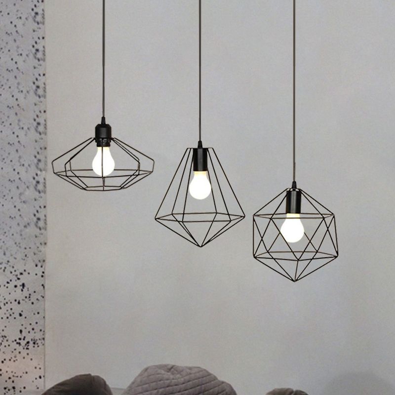Farmhouse Wire Cage Ceiling Fixture 3 Lights Iron Pendant Light Fixture with Different Shade in Black