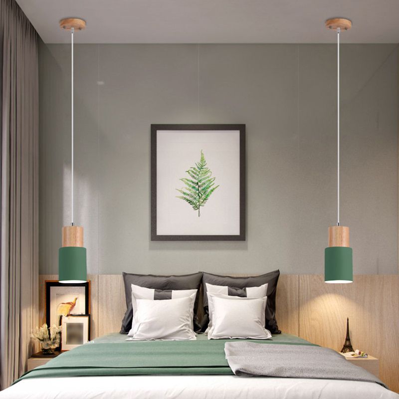 Wooden Cylindrical Single Pendant Light in Modern Concise Style Aluminium Macaron Hanging Lamp