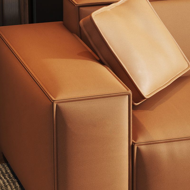 Contemporary Square Arm Sectional Orange Faux Leather Sectional