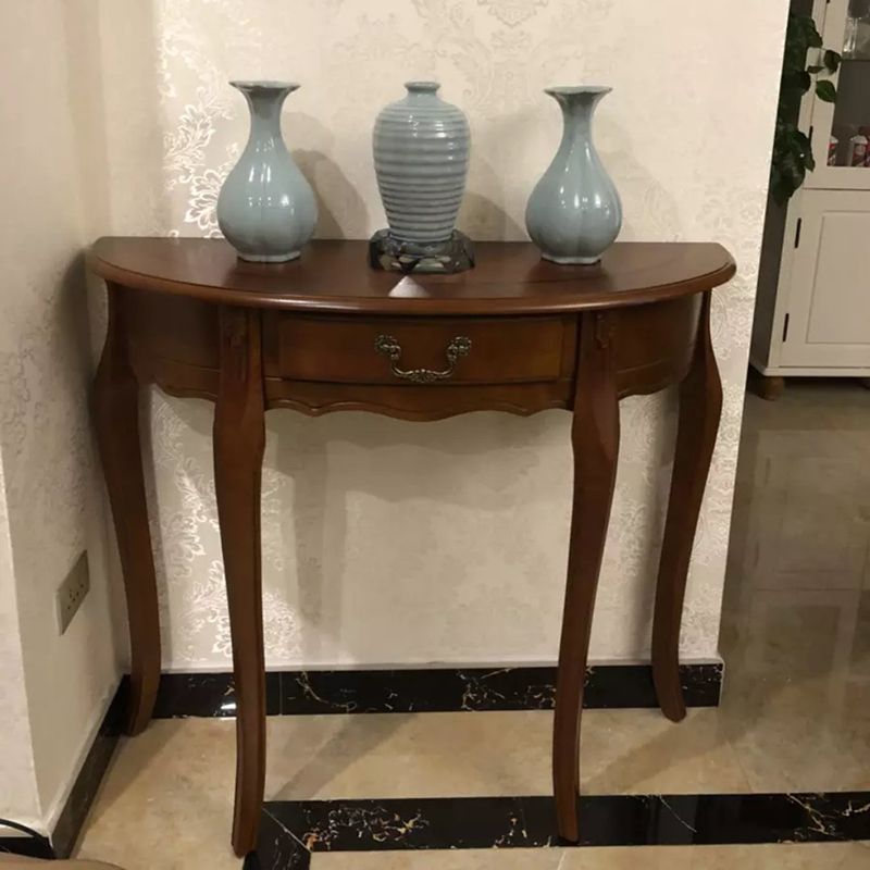 Solid Wood Half Moon Accent Table 1 Drawer 33.46" Tall End Table