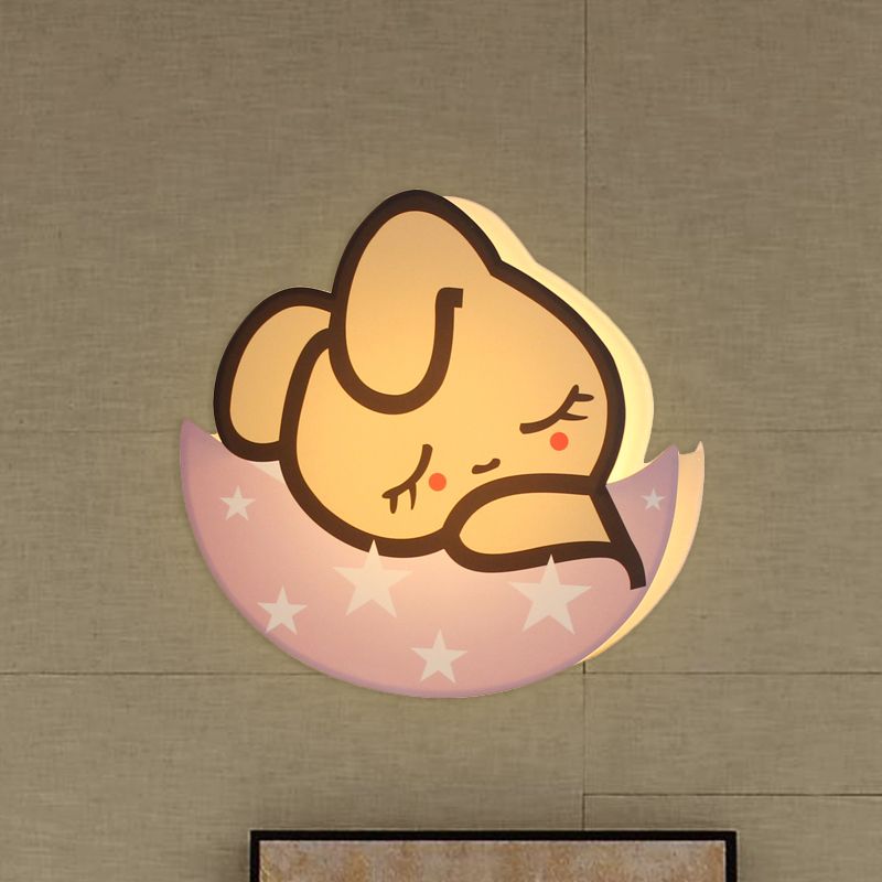 Sleeping Rabbit Girls Room Sconce Light Metal LED Cartoon Wall Mount Lamp in Pink, White/Warm Light
