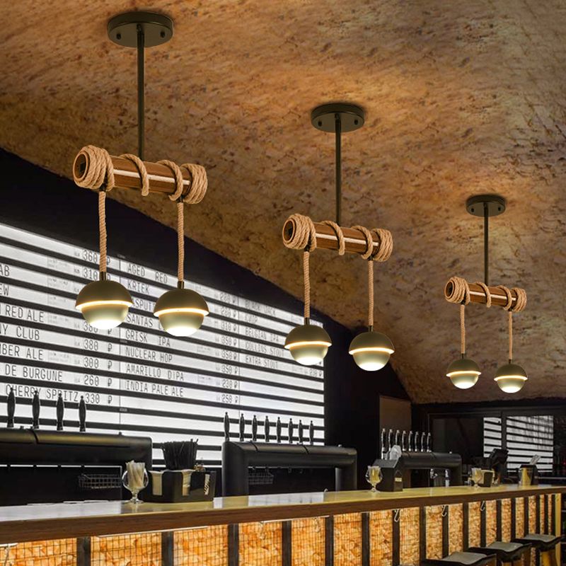 Industrial Linear Island Chandelier 2/3/6 Bulbs Iron Pendant Lamp in Black with Bamboo Tube and Rope, Warm/White Light