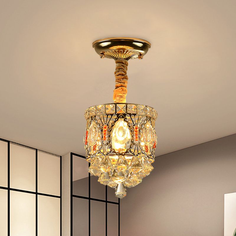 Crystal Encrusted Cylinder Ceiling Light Antique Style 1 Head Hallway Semi Flush Mount in Gold with Diamond Drops