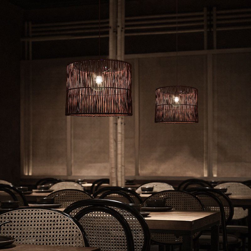 Rattan Drum Shaded Ceiling Light Modern Single Hanging Pendant Light for Restaurant