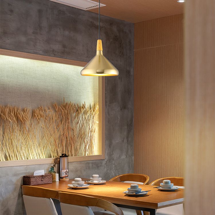 Gold Wood Capped Ceiling Pendant Light Minimalist Style Metal Hanging Light Fixture